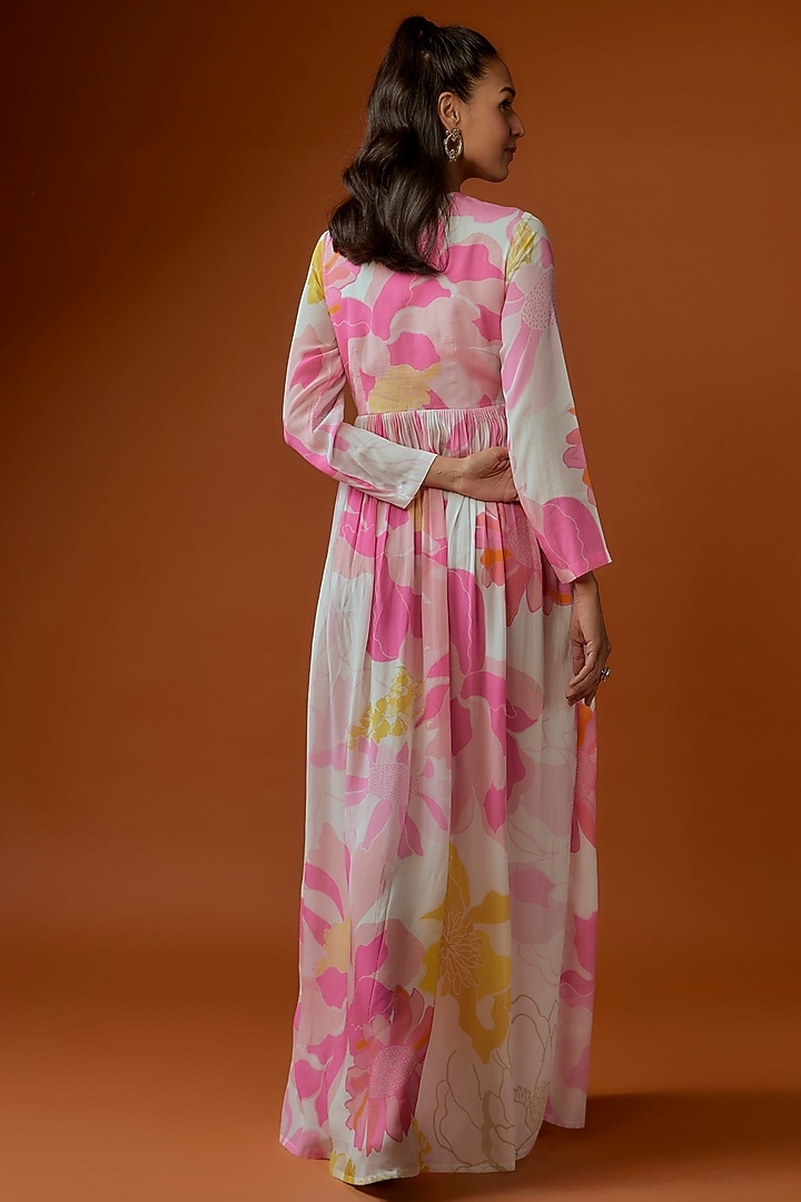 White & Pink Bemberg Crepe Floral Printed Maxi Vacation Dress by Archana Shah at Pernia's Pop Up Shop