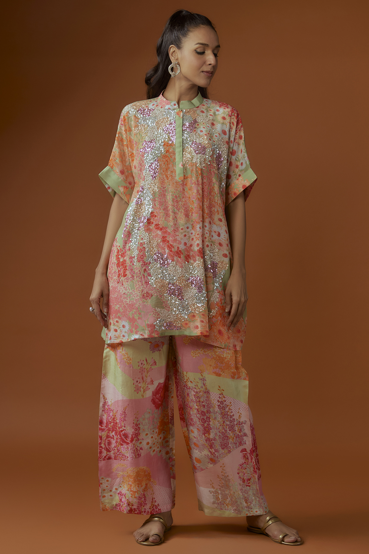 Multi-Colored Bemberg Crepe Printed & Sequins Embroidered Co-Ord Set by Archana Shah at Pernia's Pop Up Shop