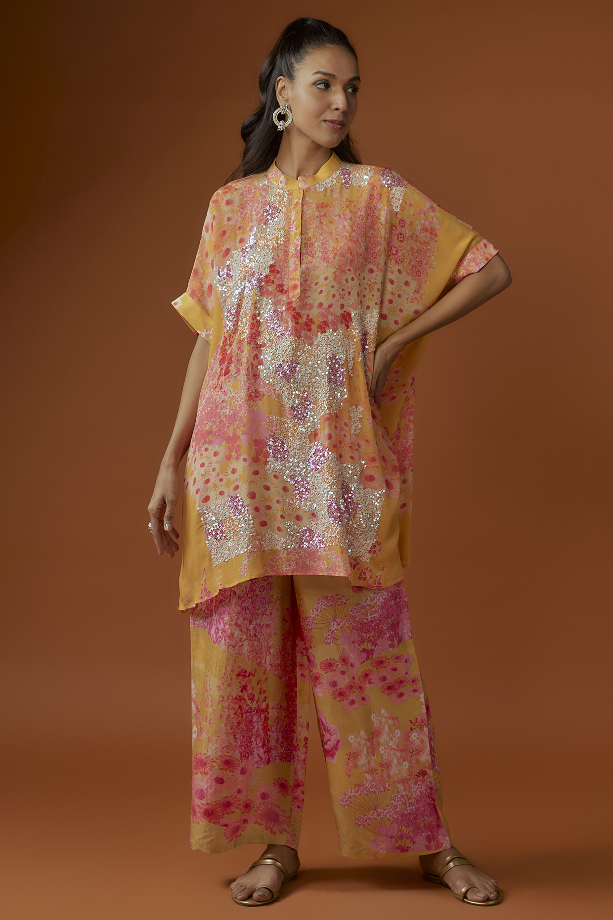 Multi-Colored Bemberg Crepe Printed & Sequins Embroidered Co-Ord Set by Archana Shah at Pernia's Pop Up Shop