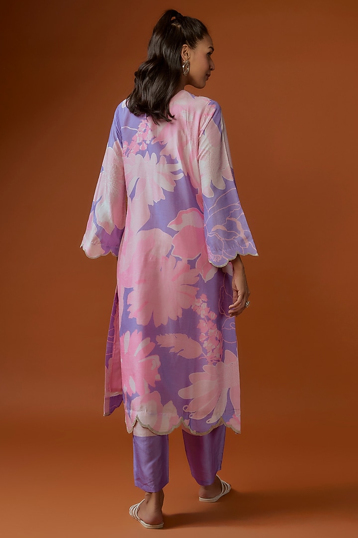 Purple Silk Floral Printed & Embroidered Kurta Set by Archana Shah at Pernia's Pop Up Shop