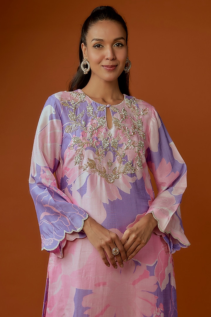 Purple Silk Floral Printed & Embroidered Kurta Set by Archana Shah at Pernia's Pop Up Shop