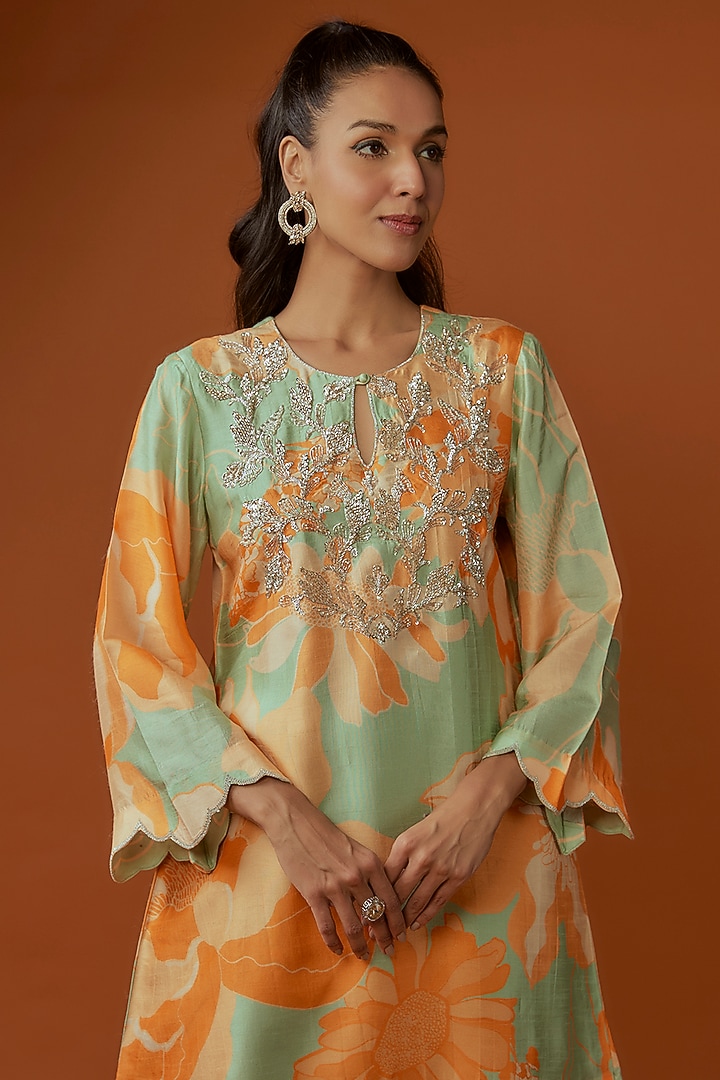 Mint Green Silk Floral Printed & Embroidered Kurta Set by Archana Shah at Pernia's Pop Up Shop