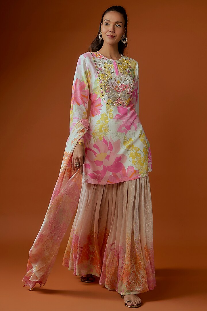 Multi-Colored Silk Hand Embroidered & Printed Kurta Set by Archana Shah at Pernia's Pop Up Shop