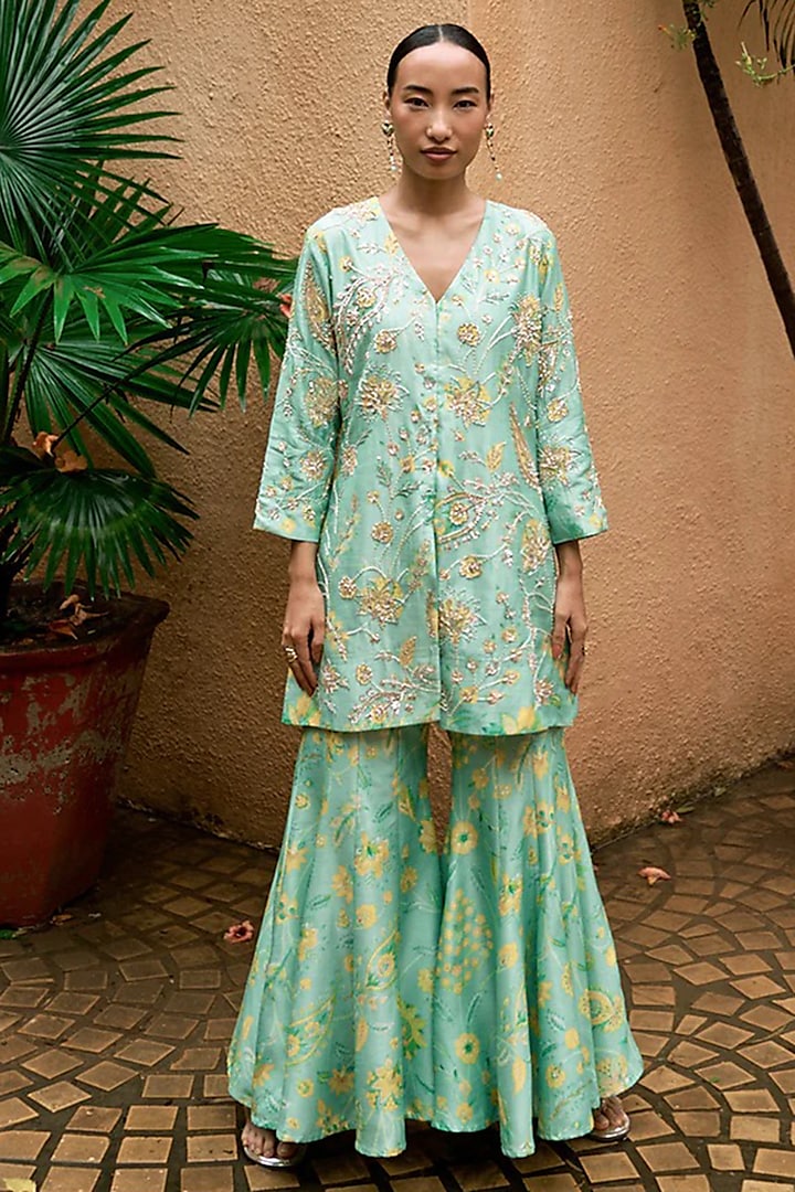 Blue Premium Silk Blend Wedding Sharara Set by Archana Shah at Pernia's Pop Up Shop