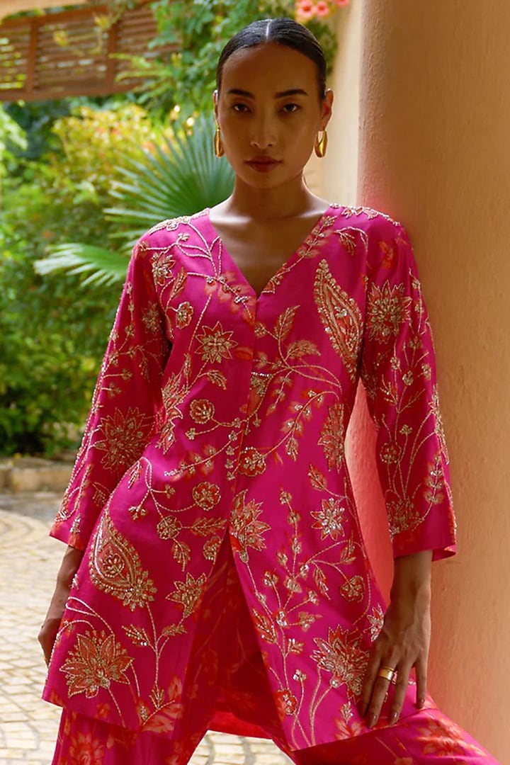 Pink Premium Silk Blend Wedding Sharara Set by Archana Shah at Pernia's Pop Up Shop
