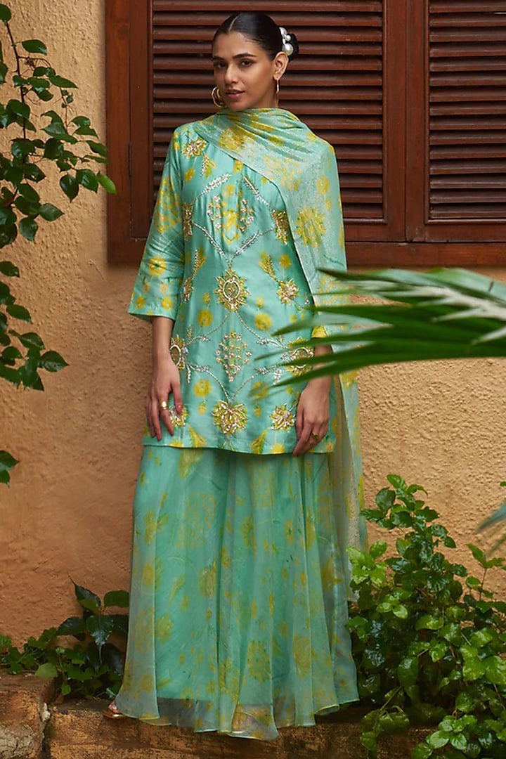 Light Blue Premium Silk Blend Wedding Sharara Set by Archana Shah at Pernia's Pop Up Shop