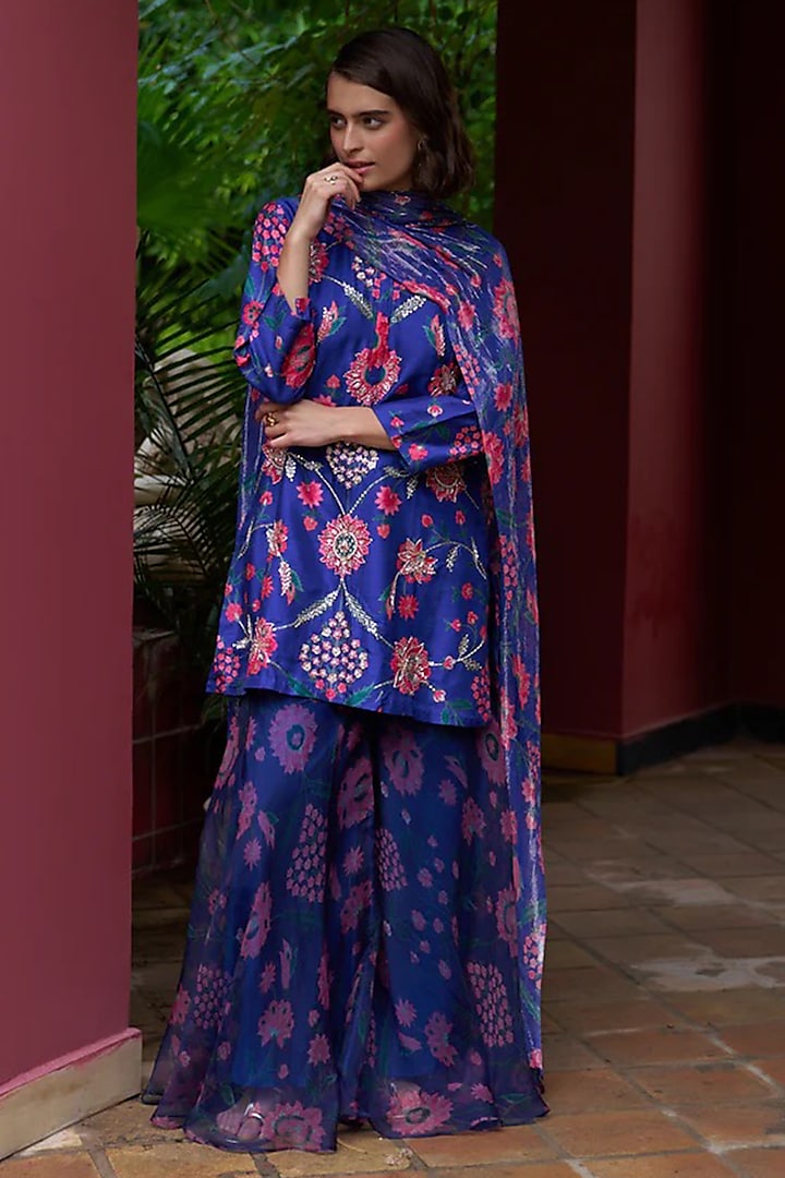 Royal Blue Premium Silk Blend Wedding Sharara Set by Archana Shah at Pernia's Pop Up Shop
