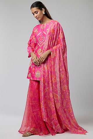 Pink Bemberg Silk Floral Printed Sharara Set by Archana Shah
