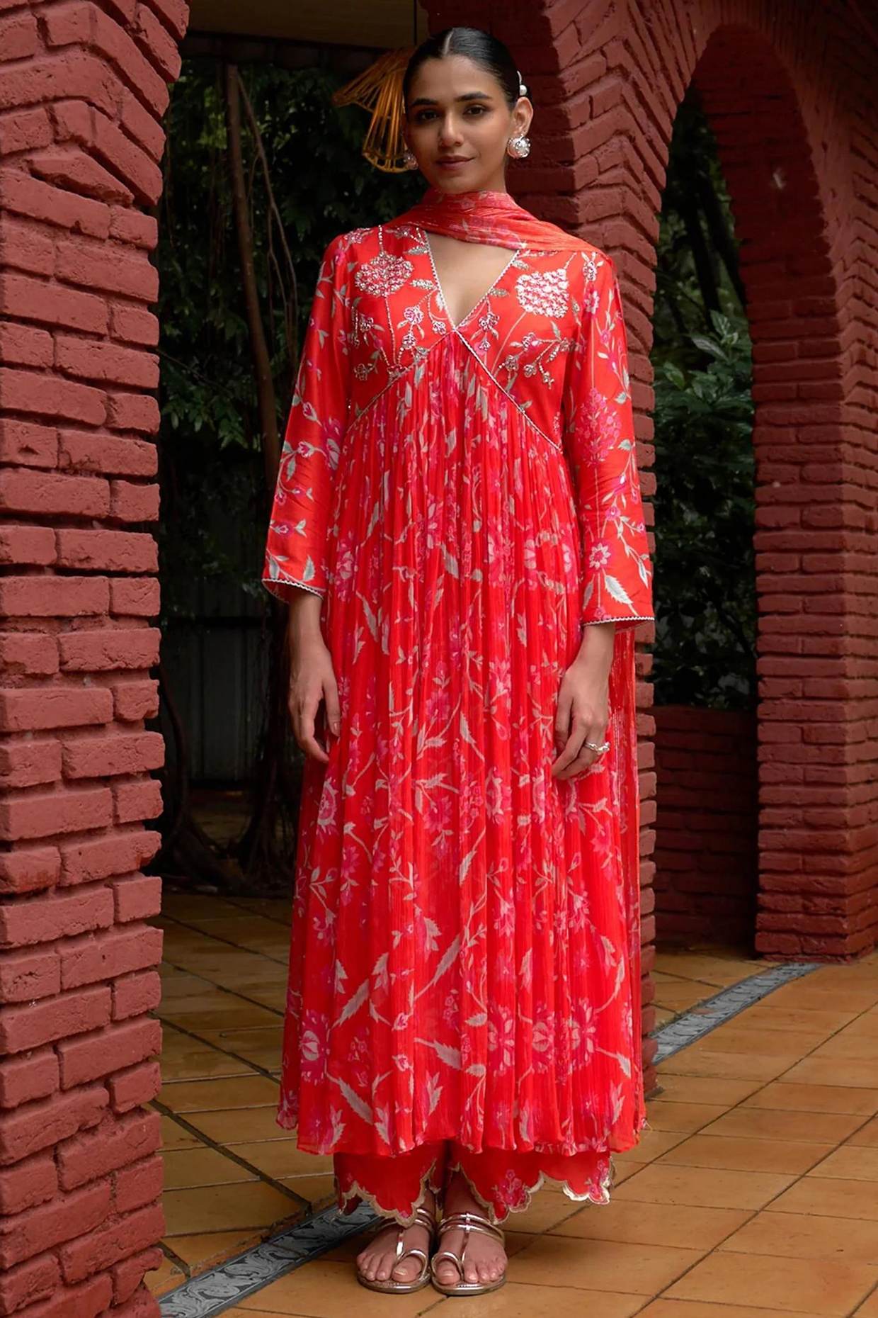 Coral Chiffon Printed Gathered Party Wear Anarkali Set by Archana Shah at Pernia's Pop Up Shop