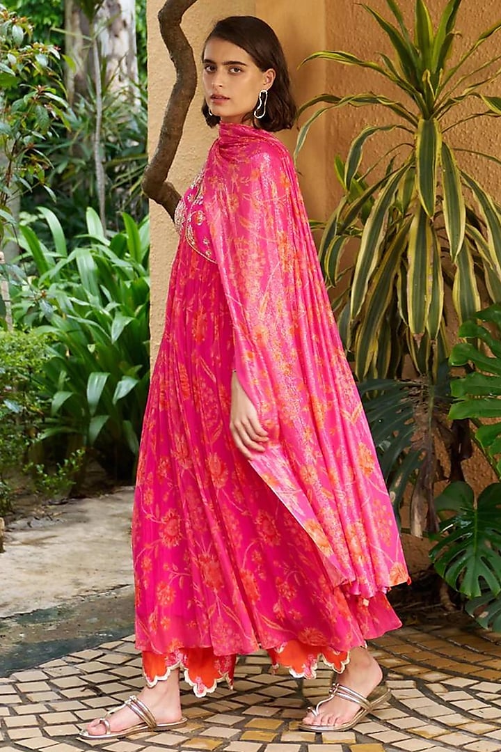 Pink Chanderi Printed & Pearl Embellished Pleated Wedding Anarkali Set by Archana Shah at Pernia's Pop Up Shop