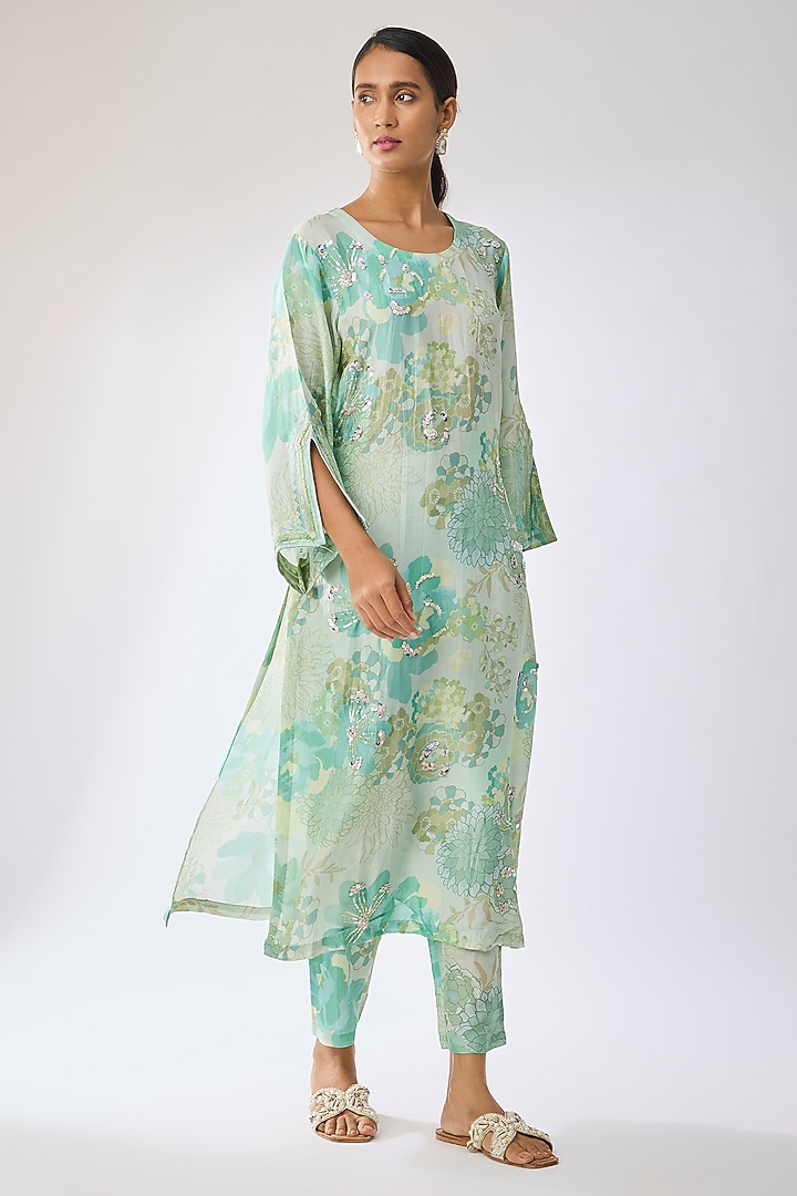 Light Green Bemberg Silk Jaal Printed Kurta Set by Archana Shah at Pernia's Pop Up Shop