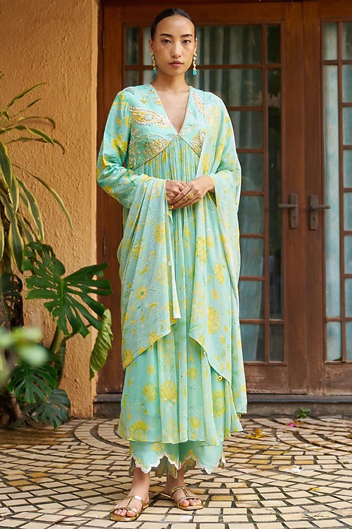 Light Blue Silk Pearl Embroidered Wedding Anarkali Set by Archana Shah at Pernia's Pop Up Shop