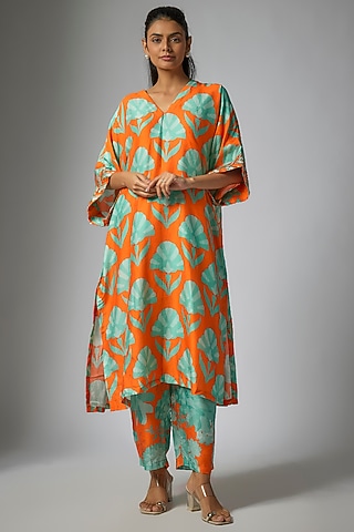 Orange Bemberg Silk Digital Printed & Hand Embroidered Kurta Set by Archana Shah