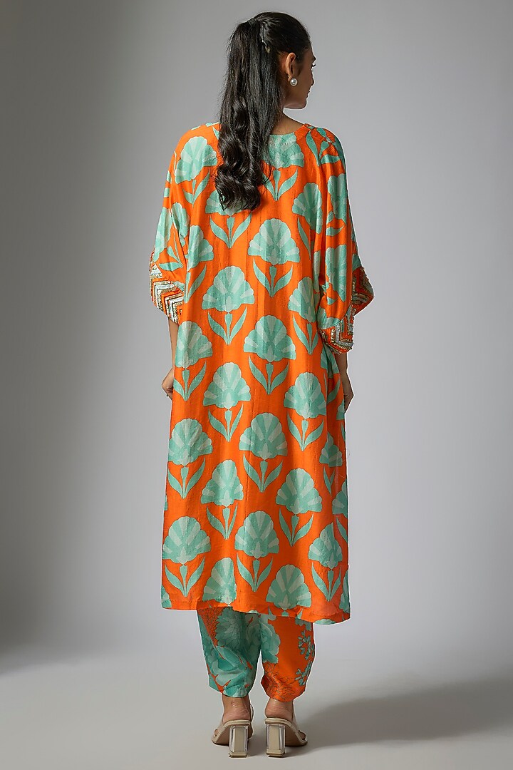 Orange Bemberg Silk Digital Printed & Hand Embroidered Kurta Set by Archana Shah at Pernia's Pop Up Shop