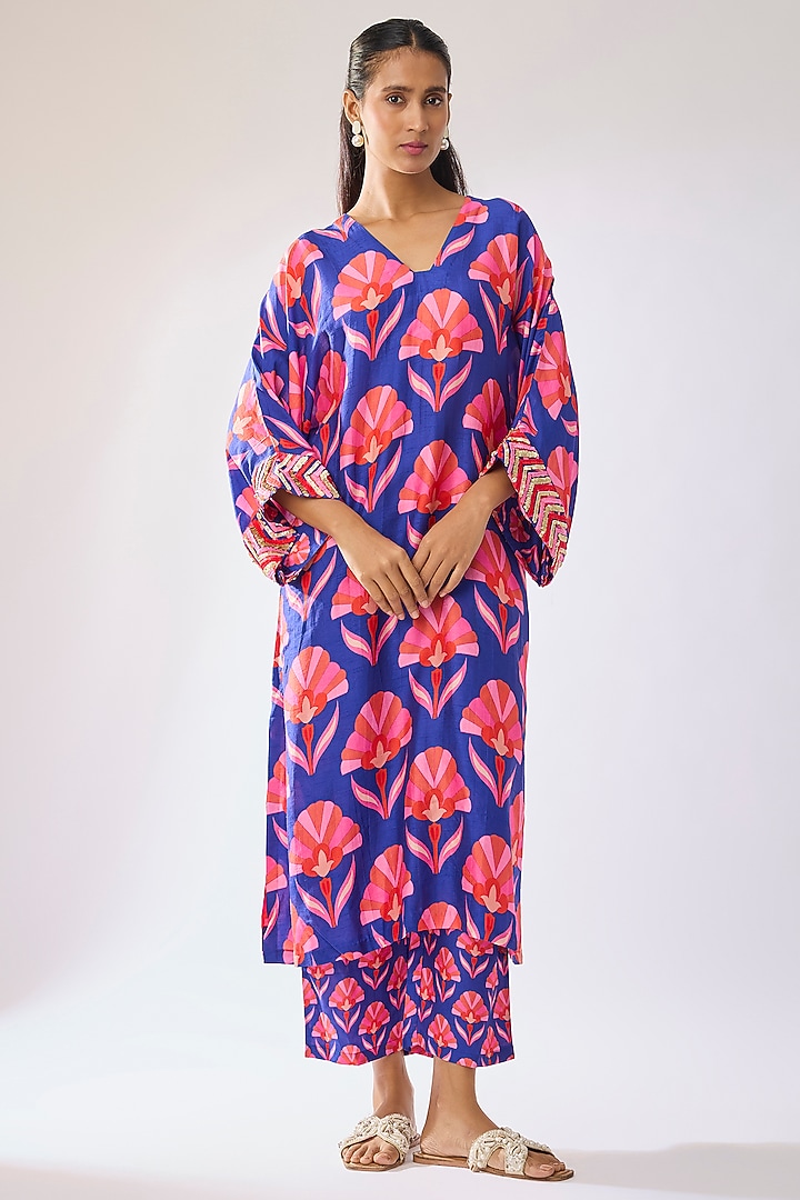 Navy Blue Bemberg Silk Moroccan Printed Kurta Set by Archana Shah at Pernia's Pop Up Shop