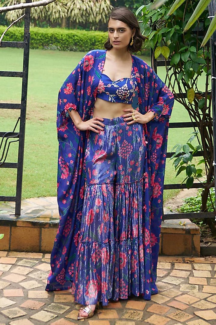 Blue Shimmer Gathered Gharara Set by Archana Shah at Pernia's Pop Up Shop