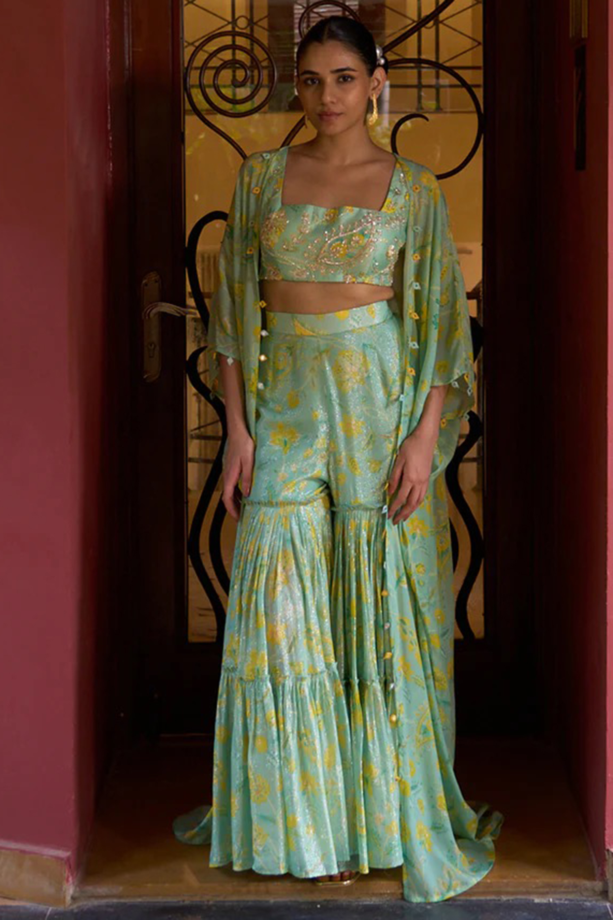 Green Shimmer Gathered Gharara Set by Archana Shah at Pernia's Pop Up Shop