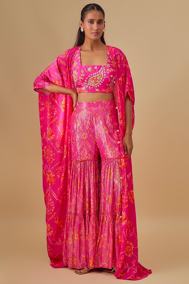 Pink Crepe Silk Floral Printed Cape Set by Archana Shah at Pernia's Pop Up Shop