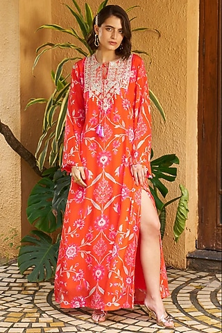 Coral Luxe Crepe Zari Embroidered Maxi Dress by Archana Shah