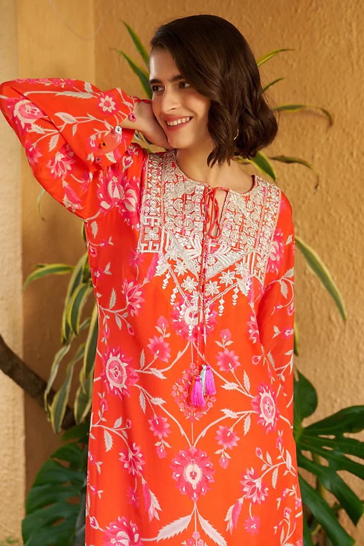 Coral Luxe Crepe Zari Embroidered Maxi Vacation Dress by Archana Shah at Pernia's Pop Up Shop