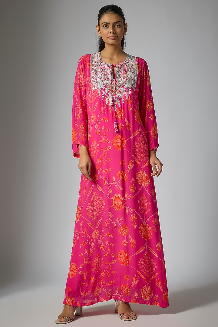 Pink Crepe Silk Zari Embroidered Maxi Vacation Dress by Archana Shah at Pernia's Pop Up Shop