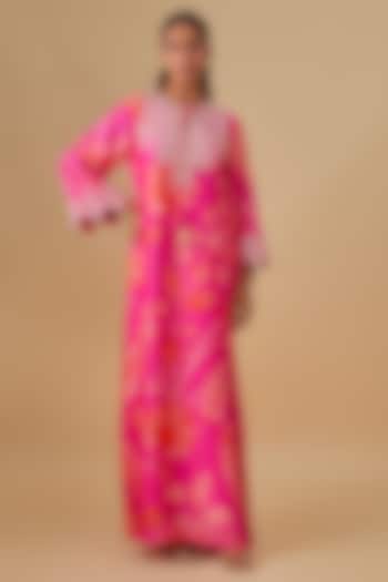 Pink Crepe Silk Floral Printed & Embroidered Maxi Vacation Dress by Archana Shah at Pernia's Pop Up Shop