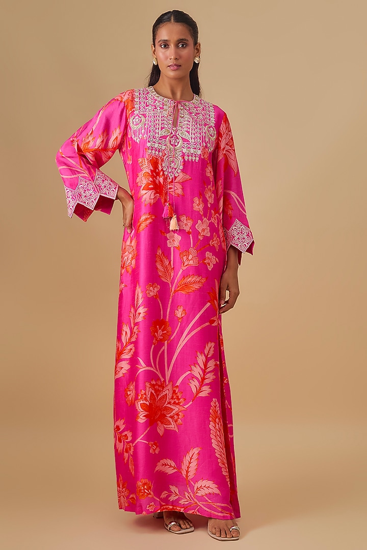 Pink Crepe Silk Floral Printed & Embroidered Maxi Vacation Dress by Archana Shah at Pernia's Pop Up Shop