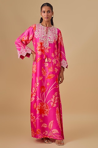 Pink Crepe Silk Floral Printed & Embroidered Maxi Dress by Archana Shah