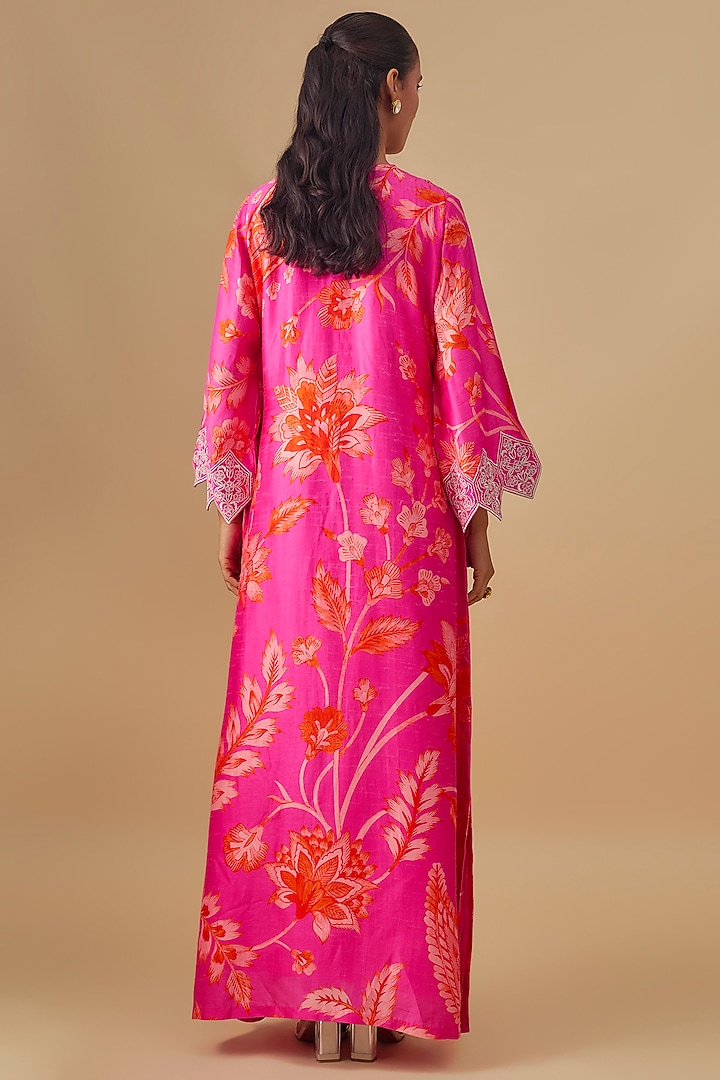 Pink Crepe Silk Floral Printed & Embroidered Maxi Vacation Dress by Archana Shah at Pernia's Pop Up Shop