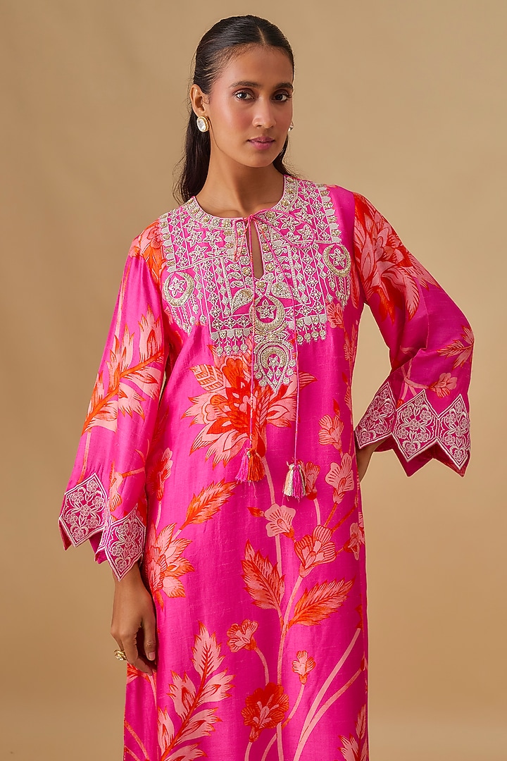 Pink Crepe Silk Floral Printed & Embroidered Maxi Vacation Dress by Archana Shah at Pernia's Pop Up Shop