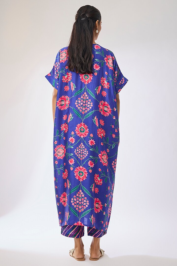 Blue Luxe Silk Blend Printed & Embroidered Kurta Set by Archana Shah at Pernia's Pop Up Shop
