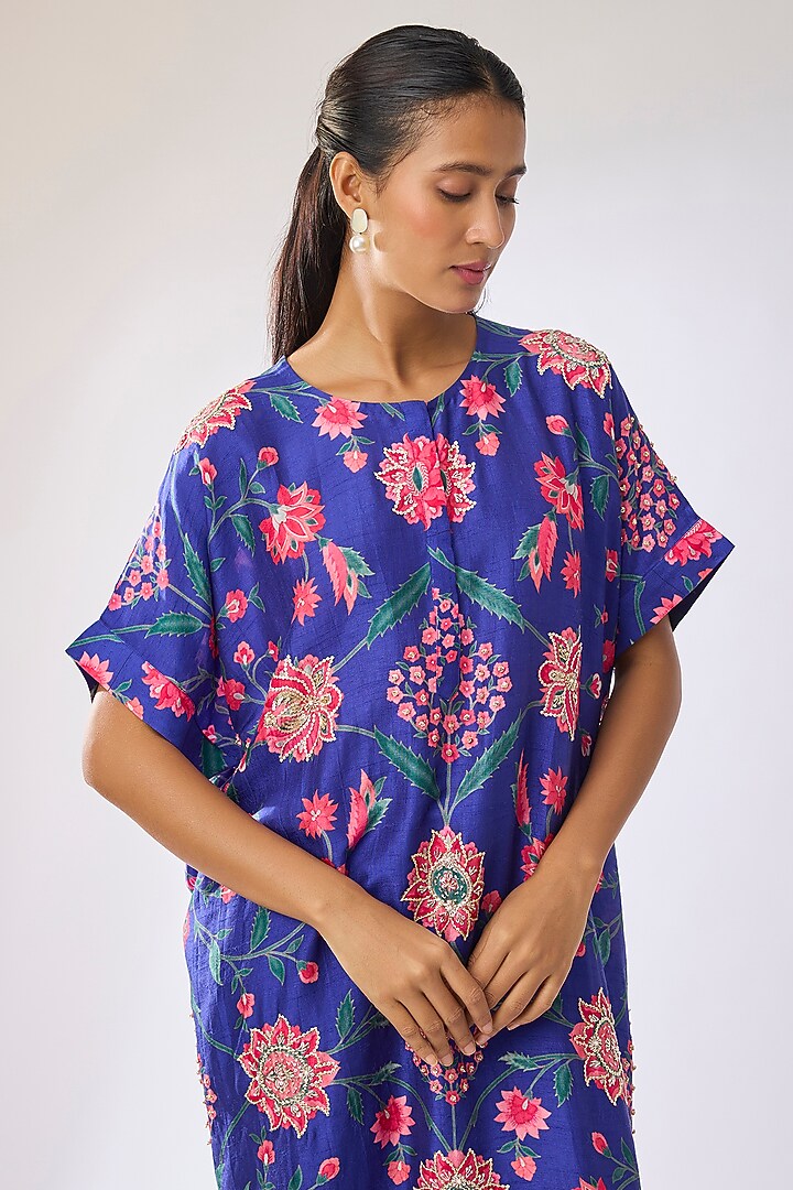 Blue Luxe Silk Blend Printed & Embroidered Kurta Set by Archana Shah at Pernia's Pop Up Shop