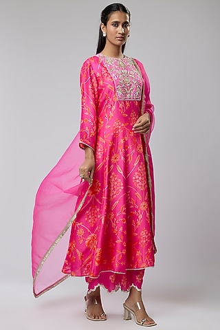 Pink Bemberg Silk Floral Digital Printed Anarkali Set by Archana Shah