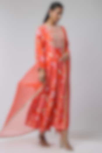 Orange Bemberg Silk Floral Digital Printed Wedding Anarkali Set by Archana Shah at Pernia's Pop Up Shop