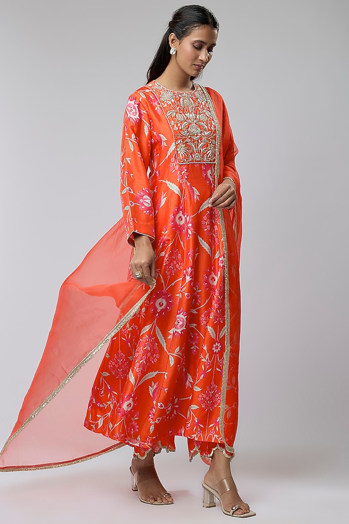 Orange Bemberg Silk Floral Digital Printed Wedding Anarkali Set by Archana Shah at Pernia's Pop Up Shop