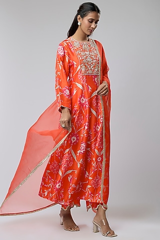 Orange Bemberg Silk Floral Digital Printed Anarkali Set by Archana Shah