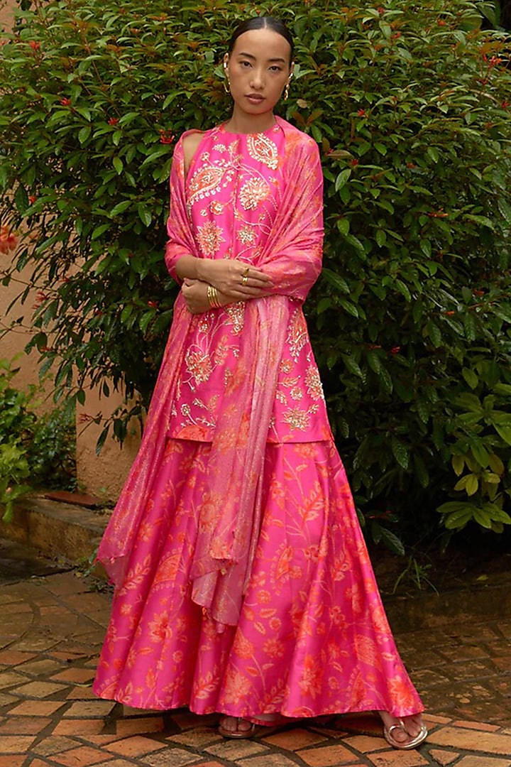 Pink Premium Silk Blend Wedding Sharara Set by Archana Shah at Pernia's Pop Up Shop