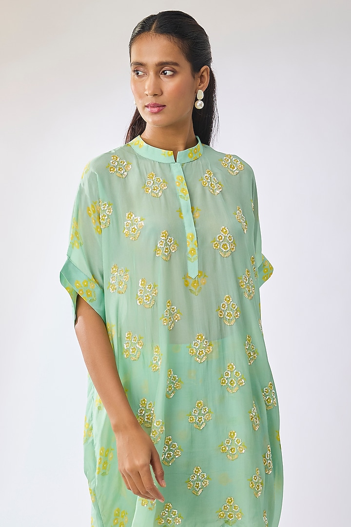 Green Organza Patchwork Kurta Set by Archana Shah at Pernia's Pop Up Shop