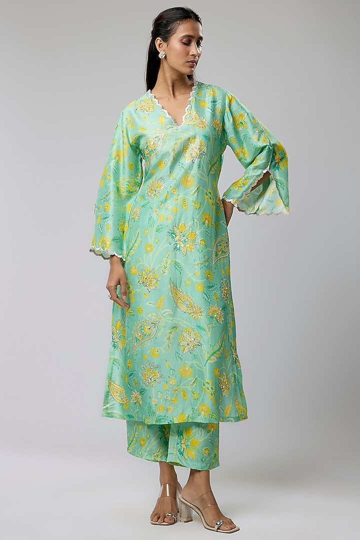 Green Bemberg Silk Dori Embroidered Kurta Set by Archana Shah at Pernia's Pop Up Shop