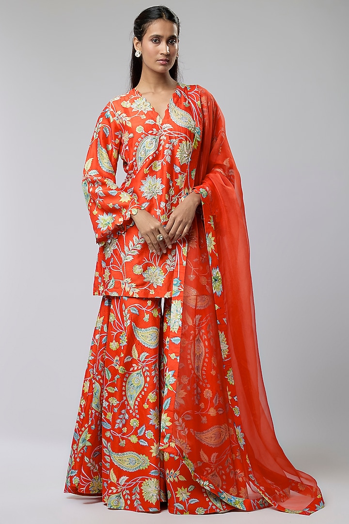 Red & Green Bemberg Silk Wedding Sharara Set by Archana Shah at Pernia's Pop Up Shop