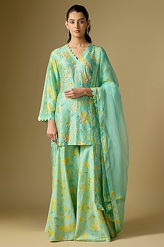 Green Bamberg Silk Paisley Digital Printed Sharara Set by Archana Shah
