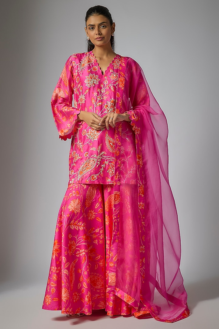 Pink Silk Flared Wedding Sharara Set by Archana Shah at Pernia's Pop Up Shop