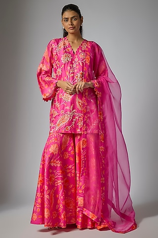 Pink Silk Flared Sharara Set by Archana Shah