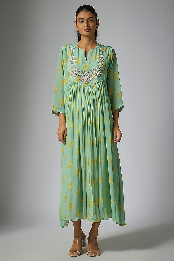 Green Crepe Silk Zari Embroidered Maxi Vacation Dress by Archana Shah at Pernia's Pop Up Shop