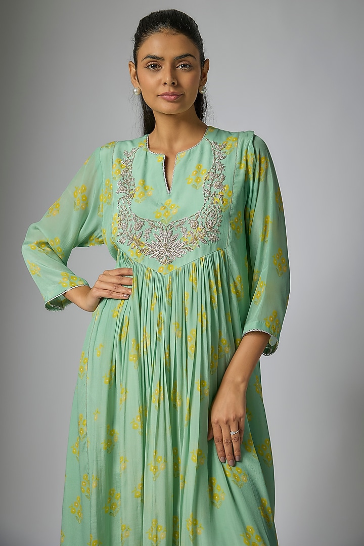 Green Crepe Silk Zari Embroidered Maxi Vacation Dress by Archana Shah at Pernia's Pop Up Shop