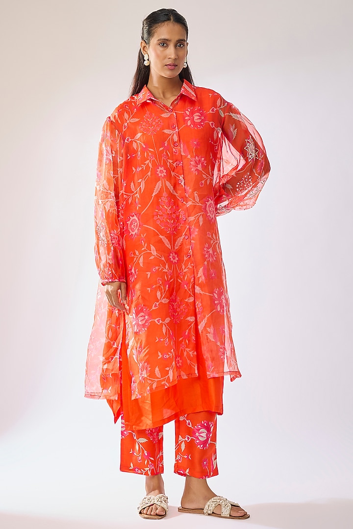 Orange Organza Embellished Kurta Set by Archana Shah at Pernia's Pop Up Shop