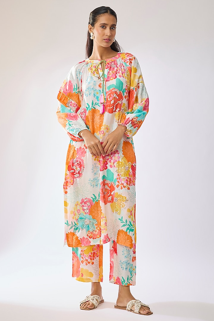 White Bemberg Crepe Digital Printed Tunic Set by Archana Shah at Pernia's Pop Up Shop