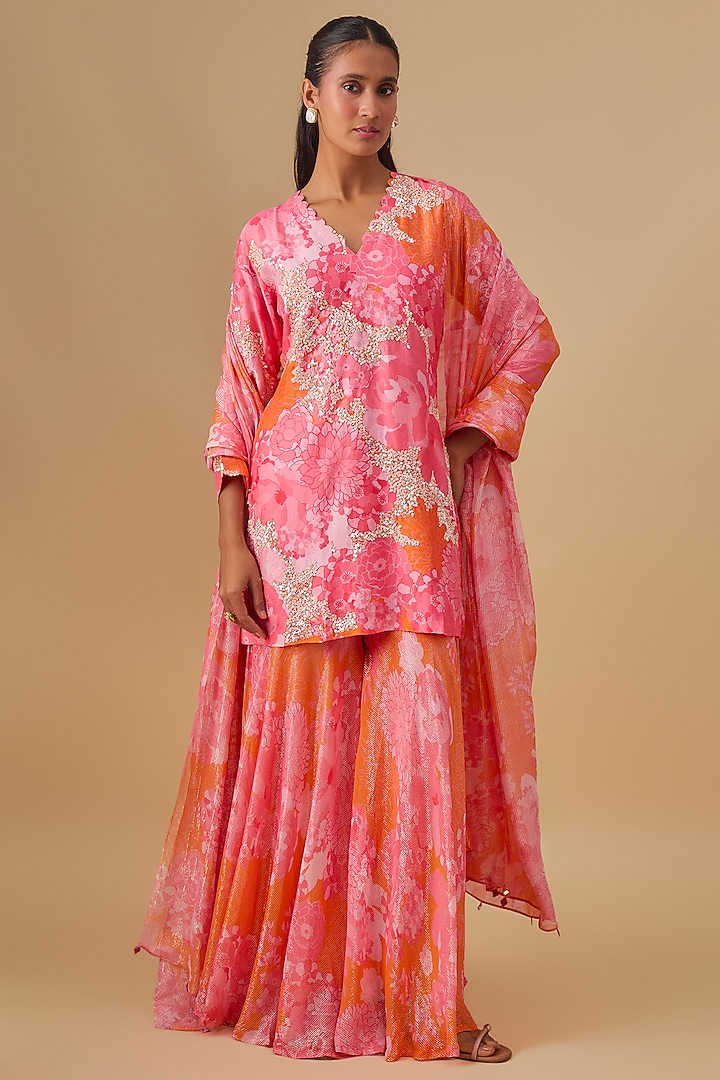 Peach Bemberg Silk Floral Digital Printed Wedding Sharara Set by Archana Shah at Pernia's Pop Up Shop