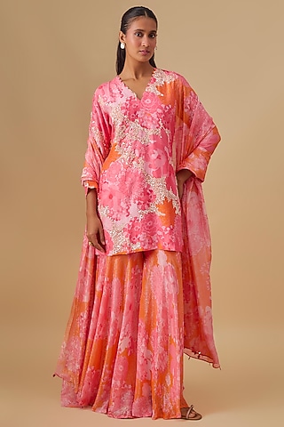 Peach Bemberg Silk Floral Digital Printed Sharara Set by Archana Shah