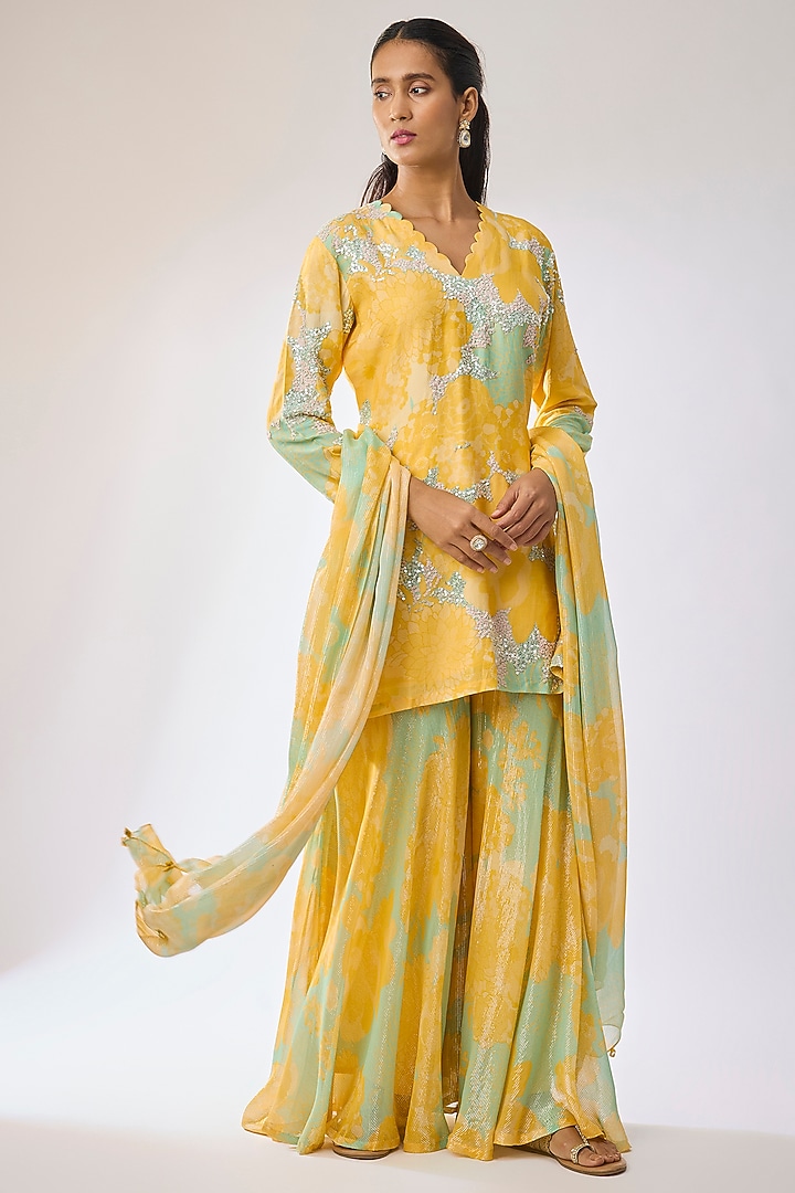 Yellow Bemberg Silk Digital Printed Wedding Sharara Set by Archana Shah at Pernia's Pop Up Shop